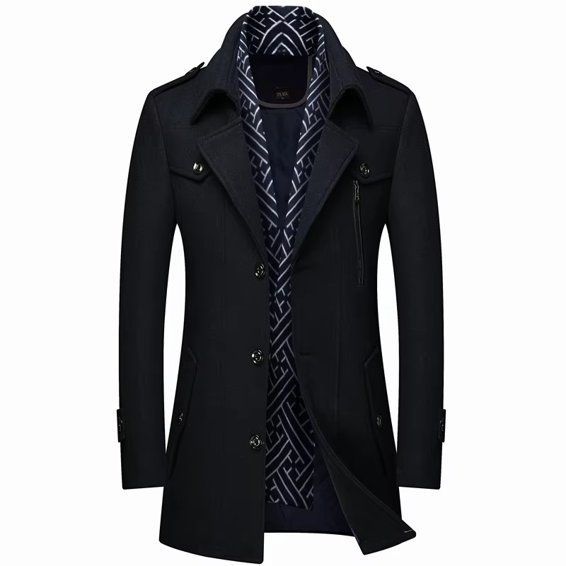 Men's mid-length wool blend winter overcoat with scarf collar, padded insulation, smart-casual fit