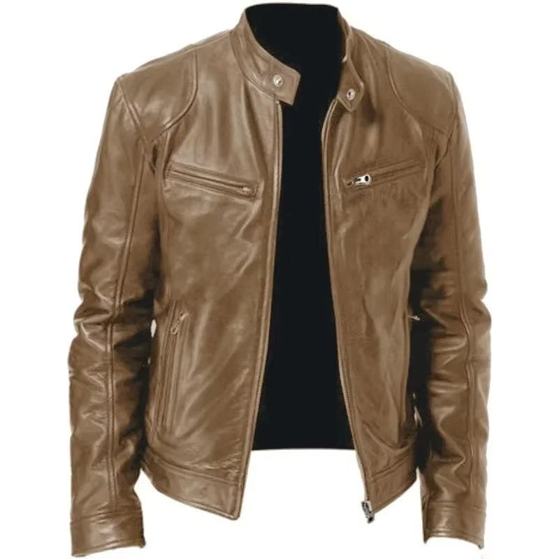 Men slim fit PU leather motorcycle jacket stand collar wind resistant sleek black biker style