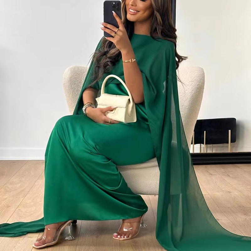 Elegant chiffon long evening dress with flowing shawl sleeves, floor-length formal gown