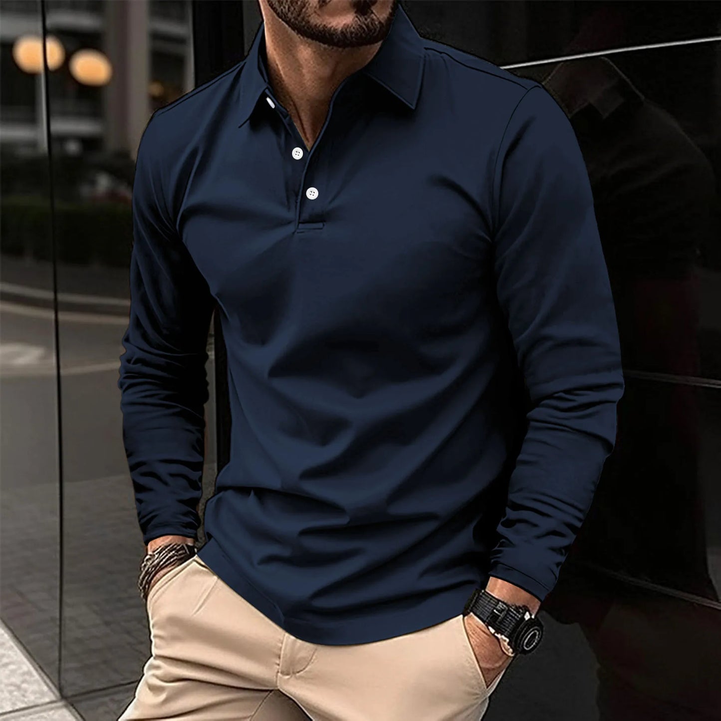 Men's slim fit long sleeve polo shirt breathable cotton casual semi-formal versatile all-season top