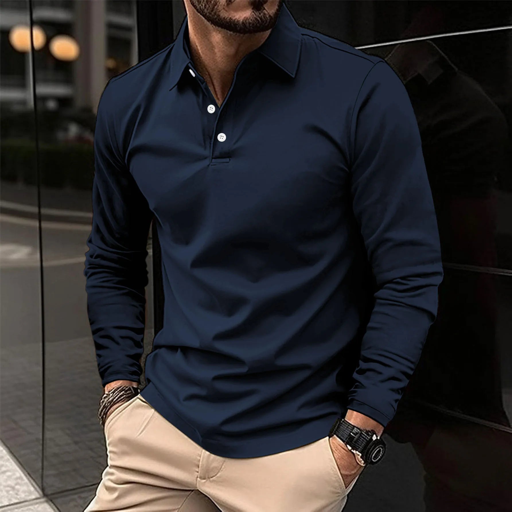 Men's slim fit long sleeve polo shirt breathable cotton casual semi-formal versatile all-season top