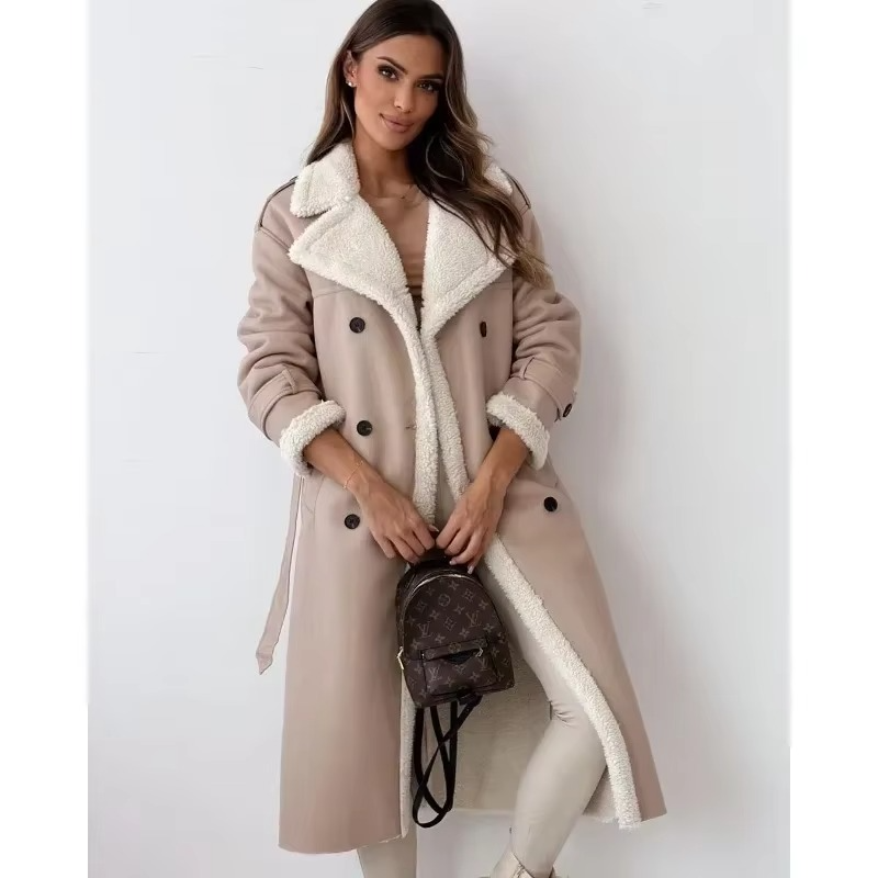 Women's beige faux fur winter coat with cozy shearling lining, elegant everyday oversized silhouette