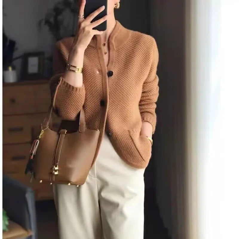 Grace soft-knit cardigan in neutral tone with short turtleneck collar, lightweight cozy tailored fit