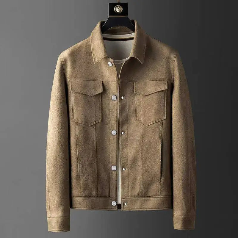 Men's slim fit premium suede jacket with polo neck collar, faded natural finish, year-round style