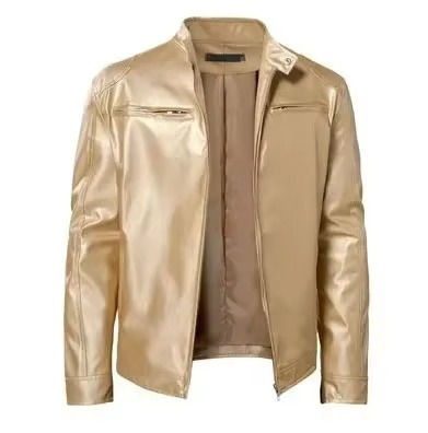 Men black slim fit PU leather motorcycle jacket with structured stand collar snap closure