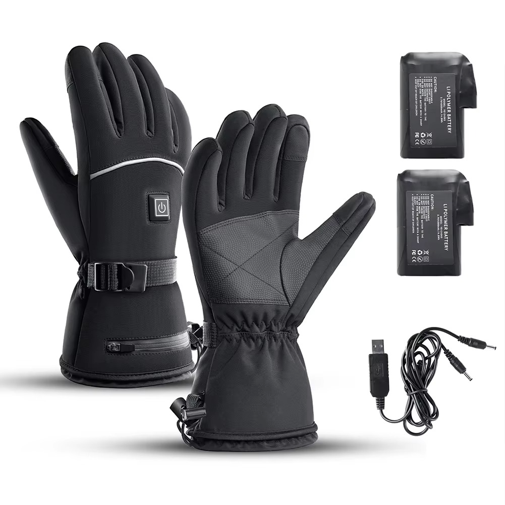 Black waterproof heated motorcycle gloves with touchscreen fingertips and thermal winter riding design