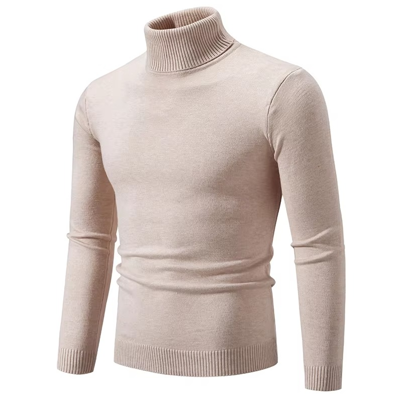 Men's slim fit thick knit turtleneck pullover sweater in neutral tone, warm acrylic blend