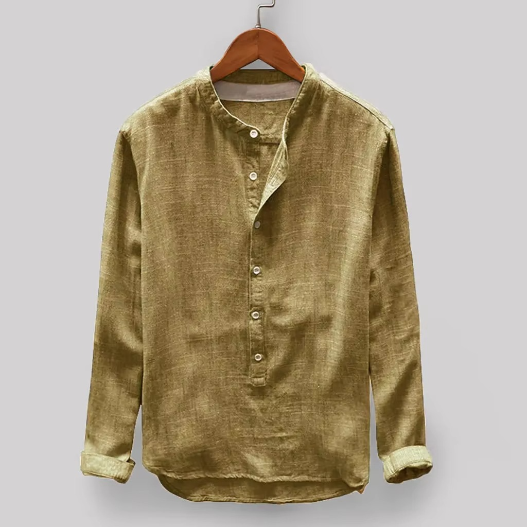 Men's solid color cotton linen long sleeve shirt Japanese minimalist style office weekend breathable modern fit