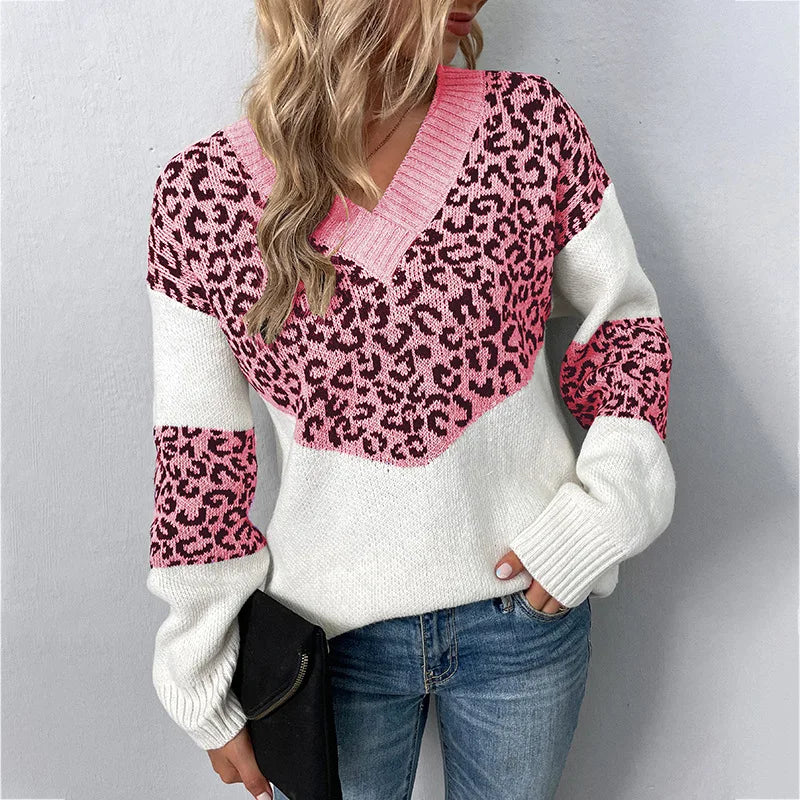 Elegant leopard print V-neck sweater with flattering neckline and feminine chic silhouette