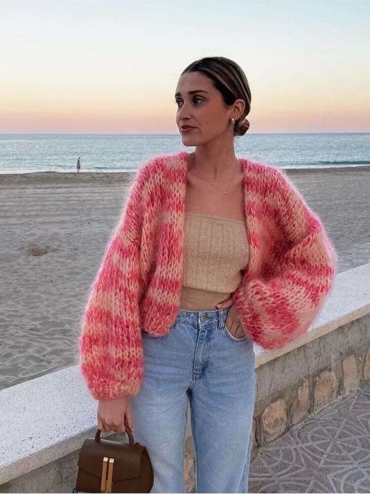 Women's multicolor striped knitted cardigan relaxed cozy layering style with vibrant knit pattern