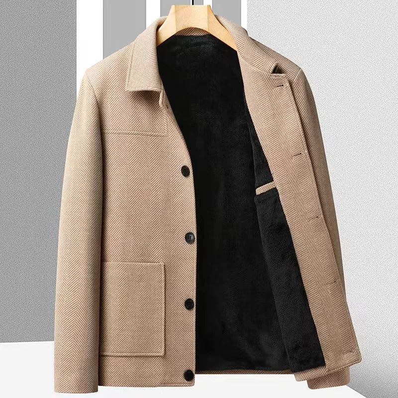 Charcoal herringbone short coat tailored fit turndown collar patch pockets wool blend