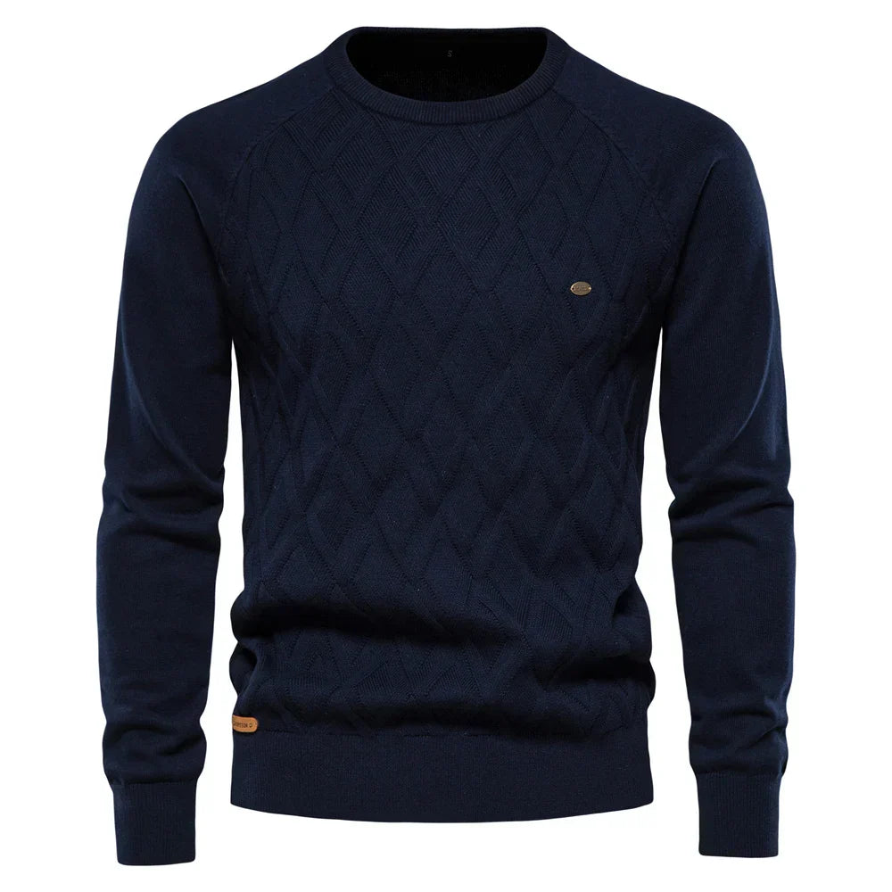 Men's navy blue checkered sweater with classic plaid pattern, slim fit, and refined premium knit finish