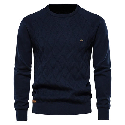 Men's navy blue checkered sweater with classic plaid pattern, slim fit, and refined premium knit finish
