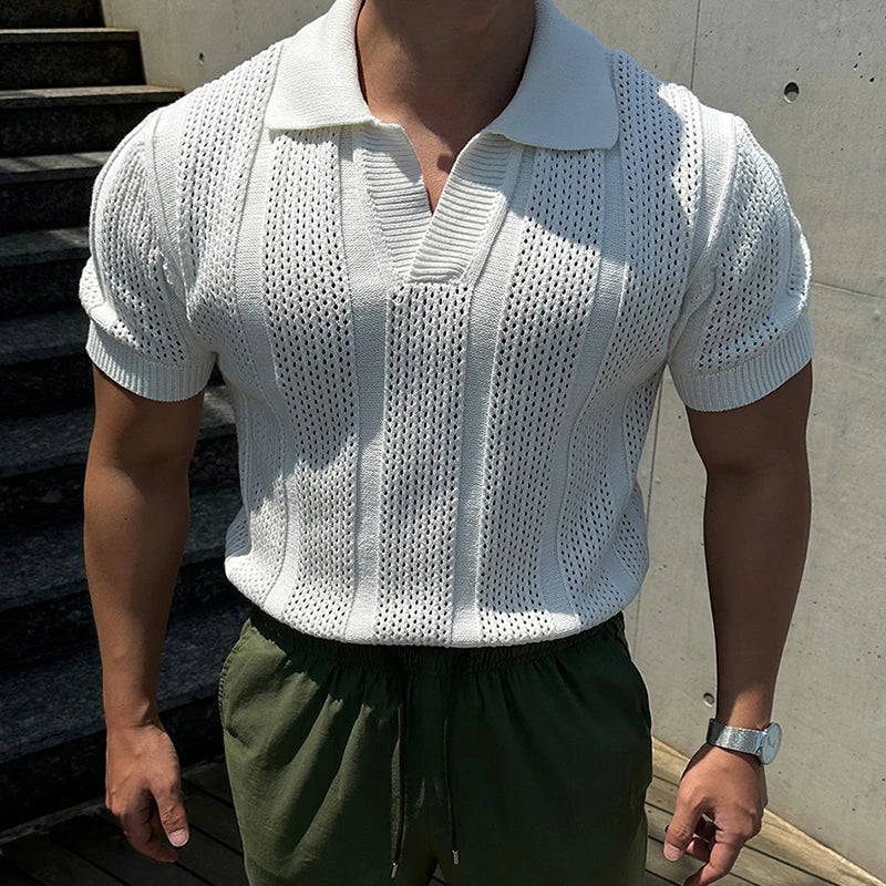 Chestor lightweight mesh polo shirt solid color fitted silhouette with vintage lapel collar