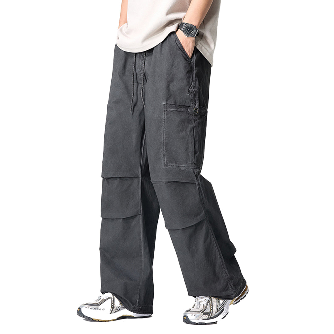 Dutton olive cargo trousers relaxed fit washed cotton with stitched knee pleats and drawstring hem
