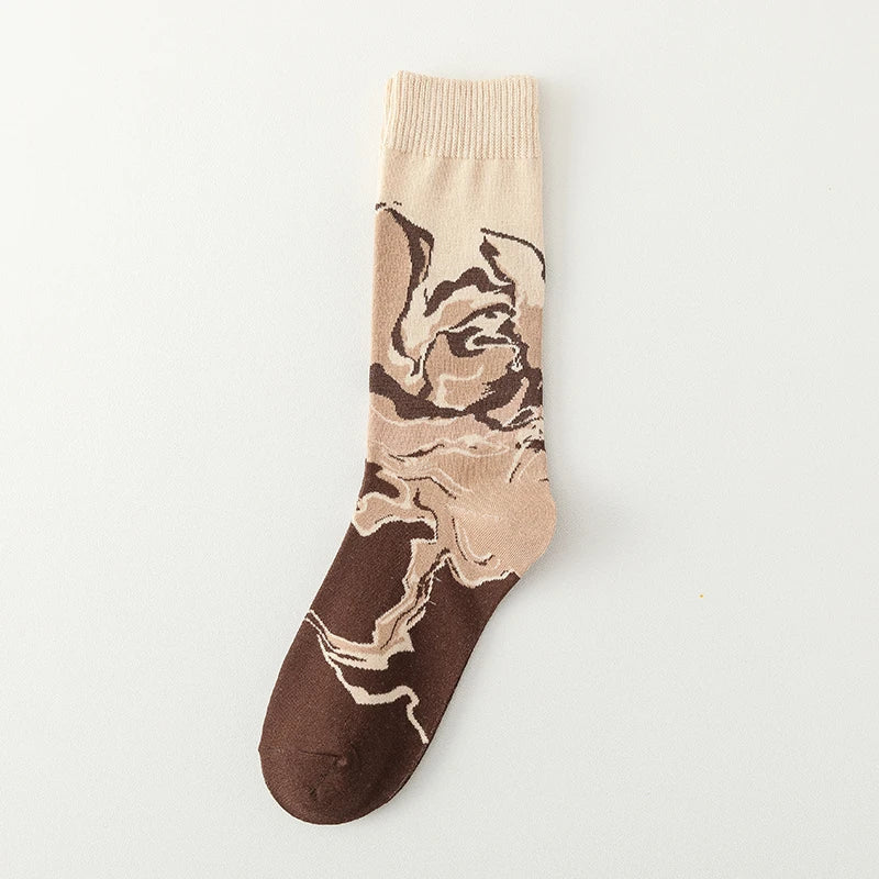Cream crew socks with playful coffee cup print, cozy cotton knit for casual everyday wear