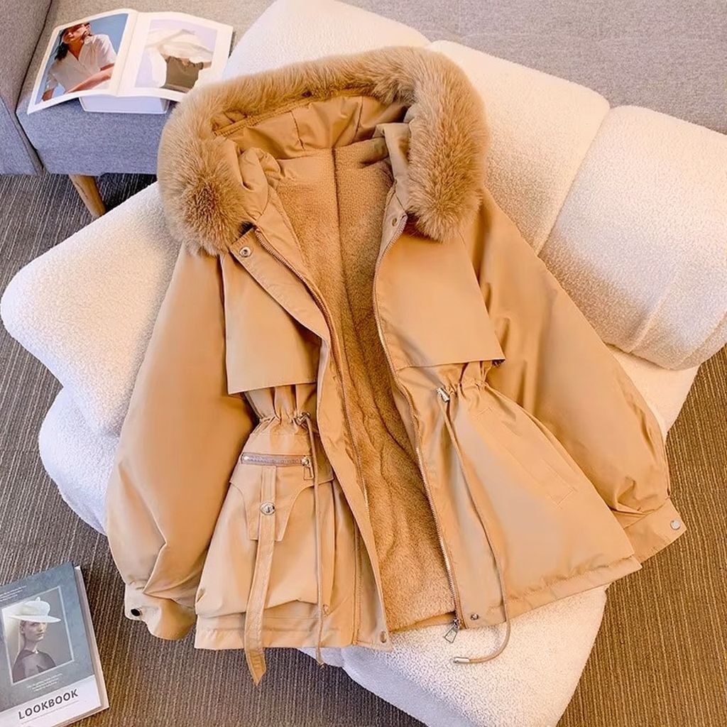 Women's dark fleece lined down parka cozy winter coat with slim silhouette and plush interior lining