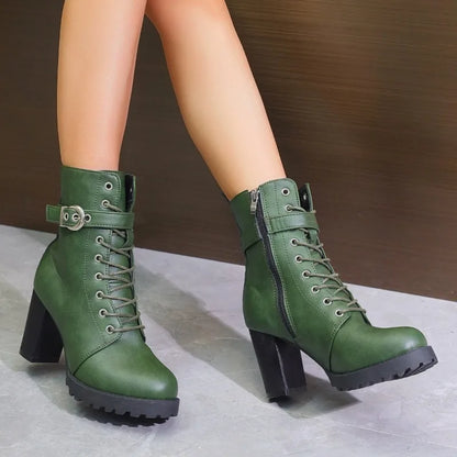 Women's black ankle boots with lace-up detail and side zipper, trendy silhouette for daily wear