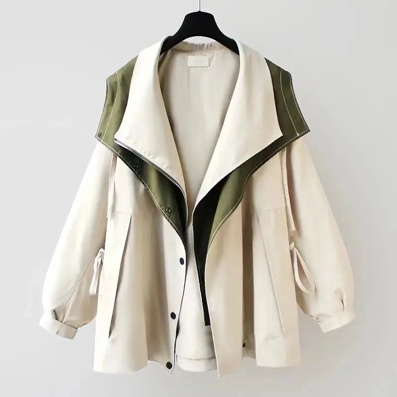 Two-tone layered panel windbreaker oversized lapel collar snap button relaxed fit outerwear jacket