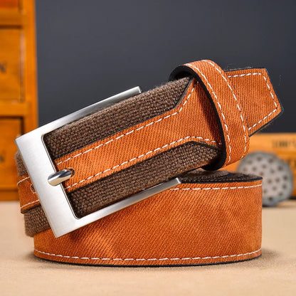 Men's rugged denim belt with full-grain leather reinforcement and solid metal buckle in classic blue