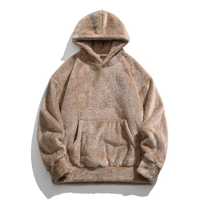 Men's oversized fleece hoodie relaxed fit in neutral tone with soft interior and drawstring hood