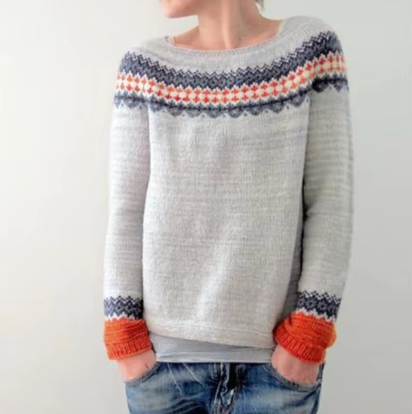 Women's color block knit pullover sweater loose fit round neckline casual comfort layered style