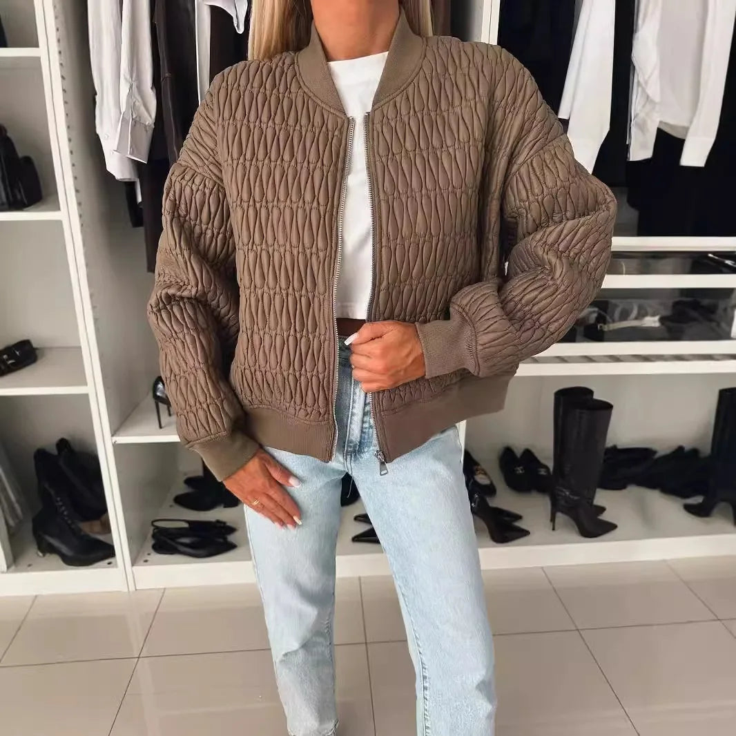 Women's zip front quilted jacket in hazel brown, relaxed fit with diamond-quilt texture pattern