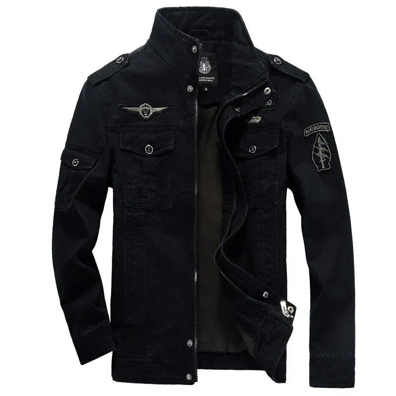 Men's olive cargo jacket structured fit cotton field coat with wind-resistant utility pockets