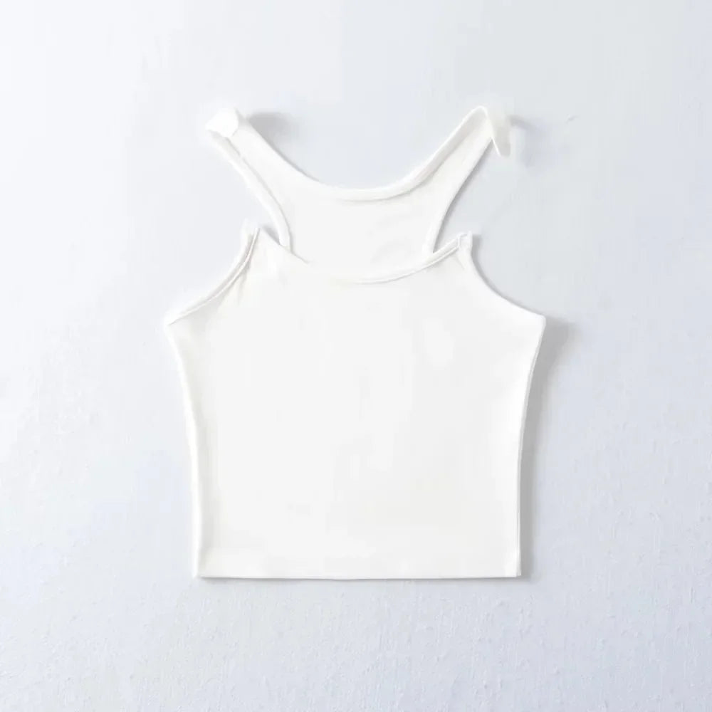 White sleeveless tank top with invisible straps, slimming fit, lightweight breathable fabric for layering