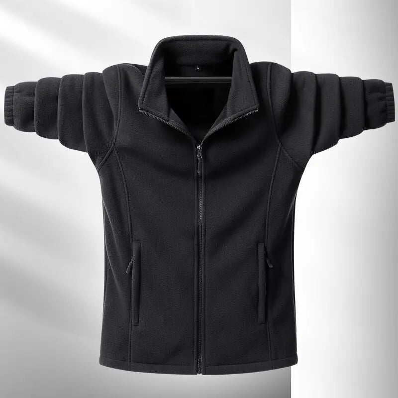 Men's dark fleece jacket slim tailored fit with zip-up collar, soft brushed microfleece streetwear style