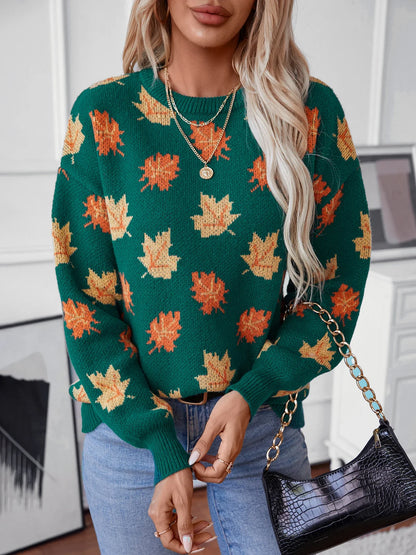 Cozy beige knitted pullover sweater with vibrant autumn leaves pattern, relaxed fit, woven knit fabric