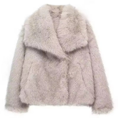 Women's ivory faux fur plush coat relaxed silhouette with fluffy texture for luxe autumn winter warmth
