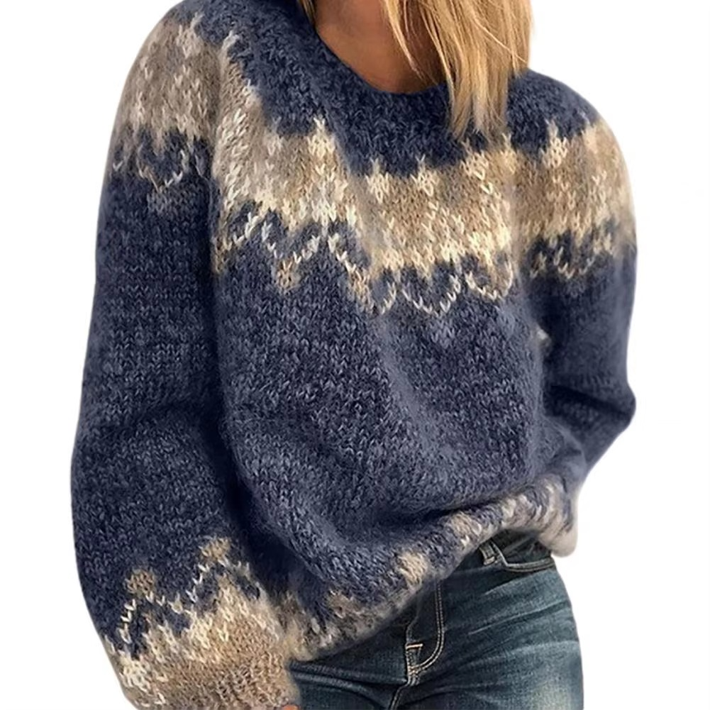 Women's oversized wool blend knit sweater Fair Isle Nordic pattern round neck cozy warmth