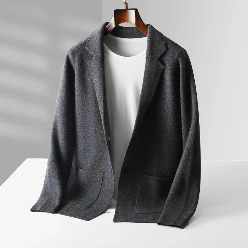 Men's wool cardigan tailored fit notched lapel patch pockets hip length heather gray