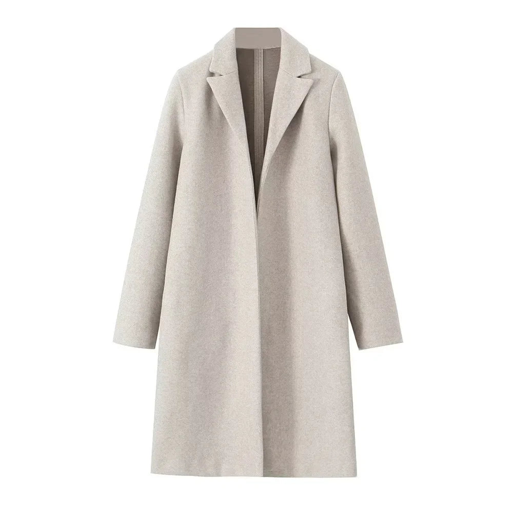 Beige lightweight open V-line trench coat with deep pockets, sleek modern silhouette