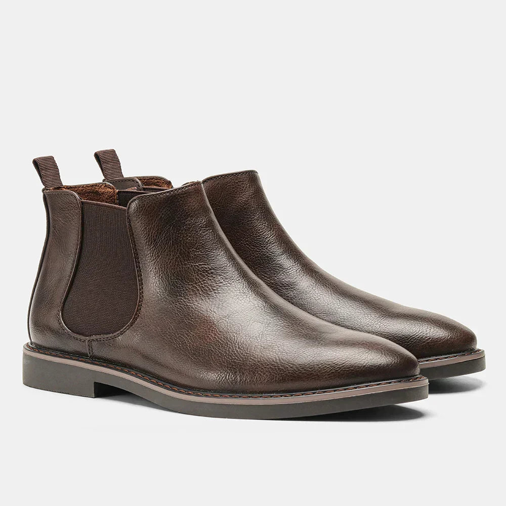 Men's brown leather Chelsea boots almond toe elastic side gussets low block heel sleek silhouette