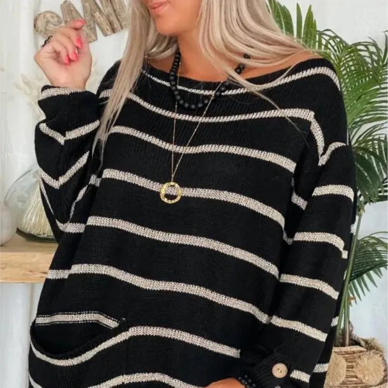 Women's oversized wool blend striped pullover sweater with front pocket, long sleeve cozy everyday style
