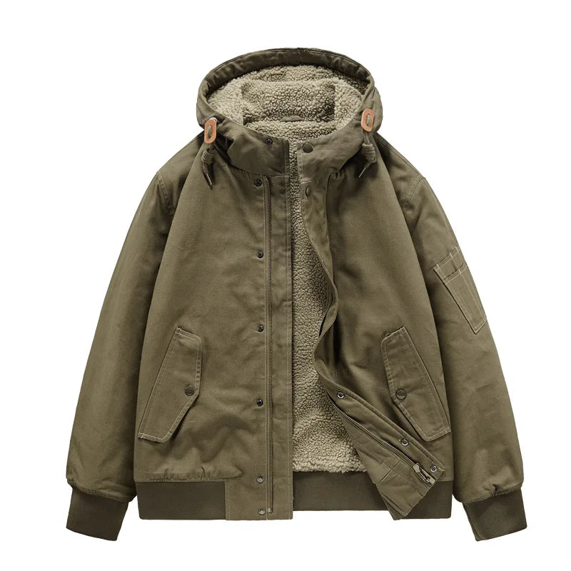 Black oversized thermo-utility hoodie with detachable drawstring hood and multiple patch pockets