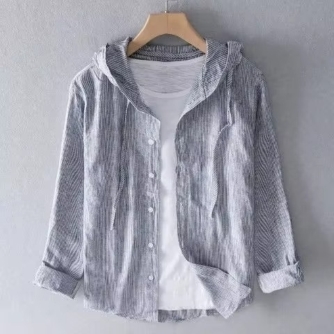 Men's relaxed fit cotton linen hooded long sleeve shirt lightweight breathable casual summer top