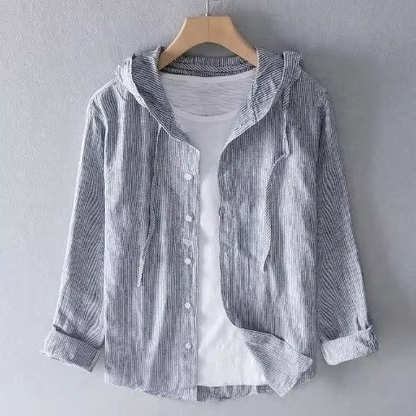 Men's relaxed fit cotton linen hooded long sleeve shirt lightweight breathable casual summer top