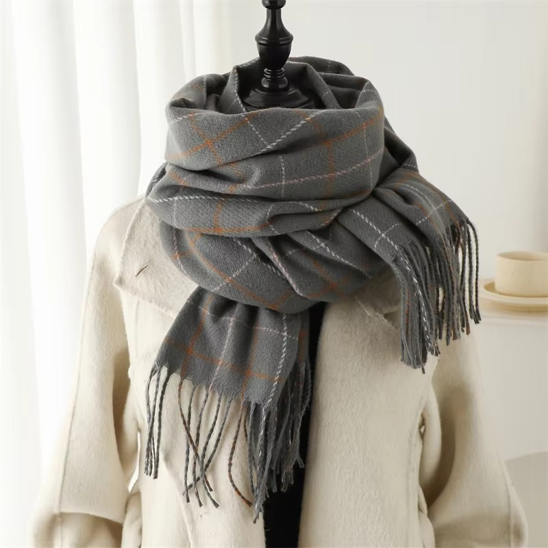 Women's plaid cashmere winter scarf in warm tones, thick pashmina shawl with decorative tassels