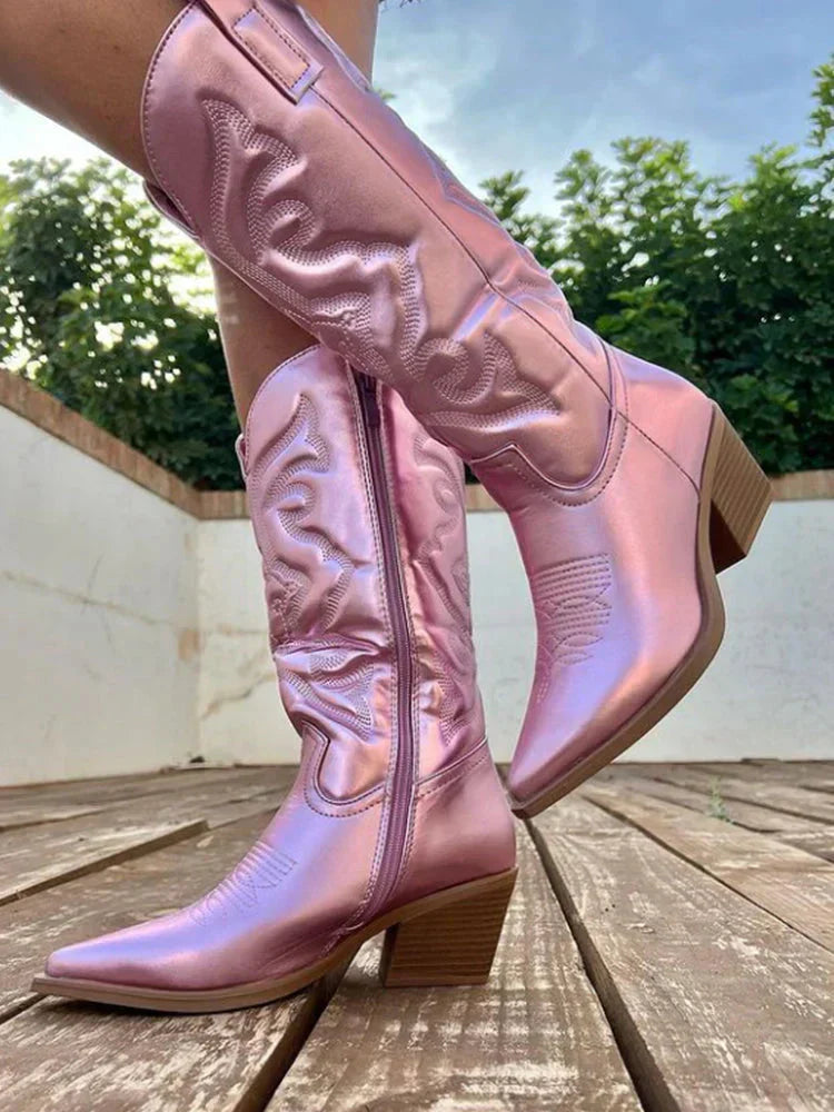 Women's shiny black western boots pointed toe high-gloss mirror finish bold modern silhouette