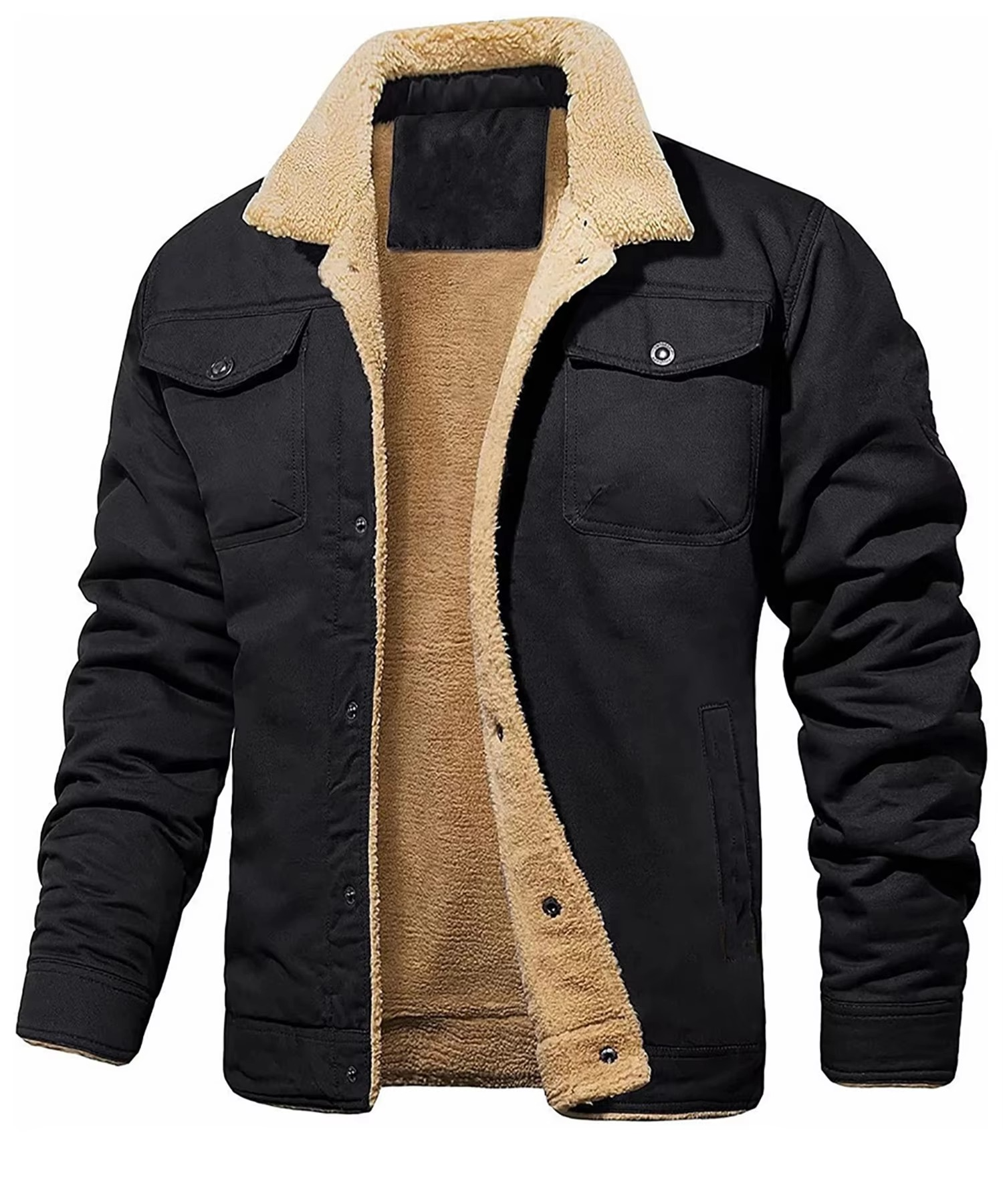 Men's black fleece lined winter jacket with faux shearling interior, warm insulated everyday outerwear