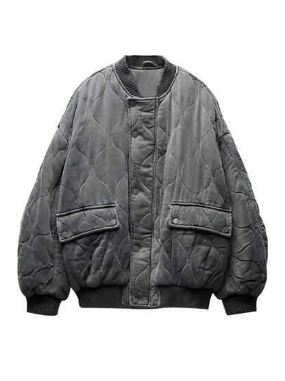 Black quilted bomber jacket relaxed loose fit with button-zipper closure and round neck streetwear style