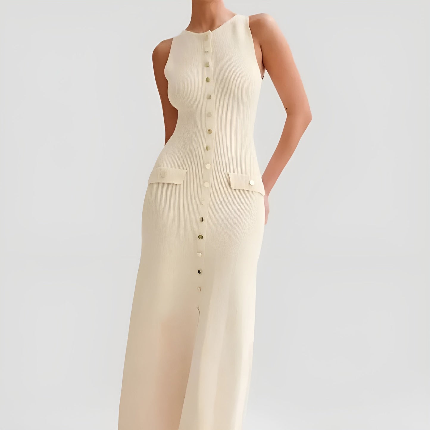 Valentina A-line knitted dress in neutral tone, full-length flare silhouette with waist-flattering cut