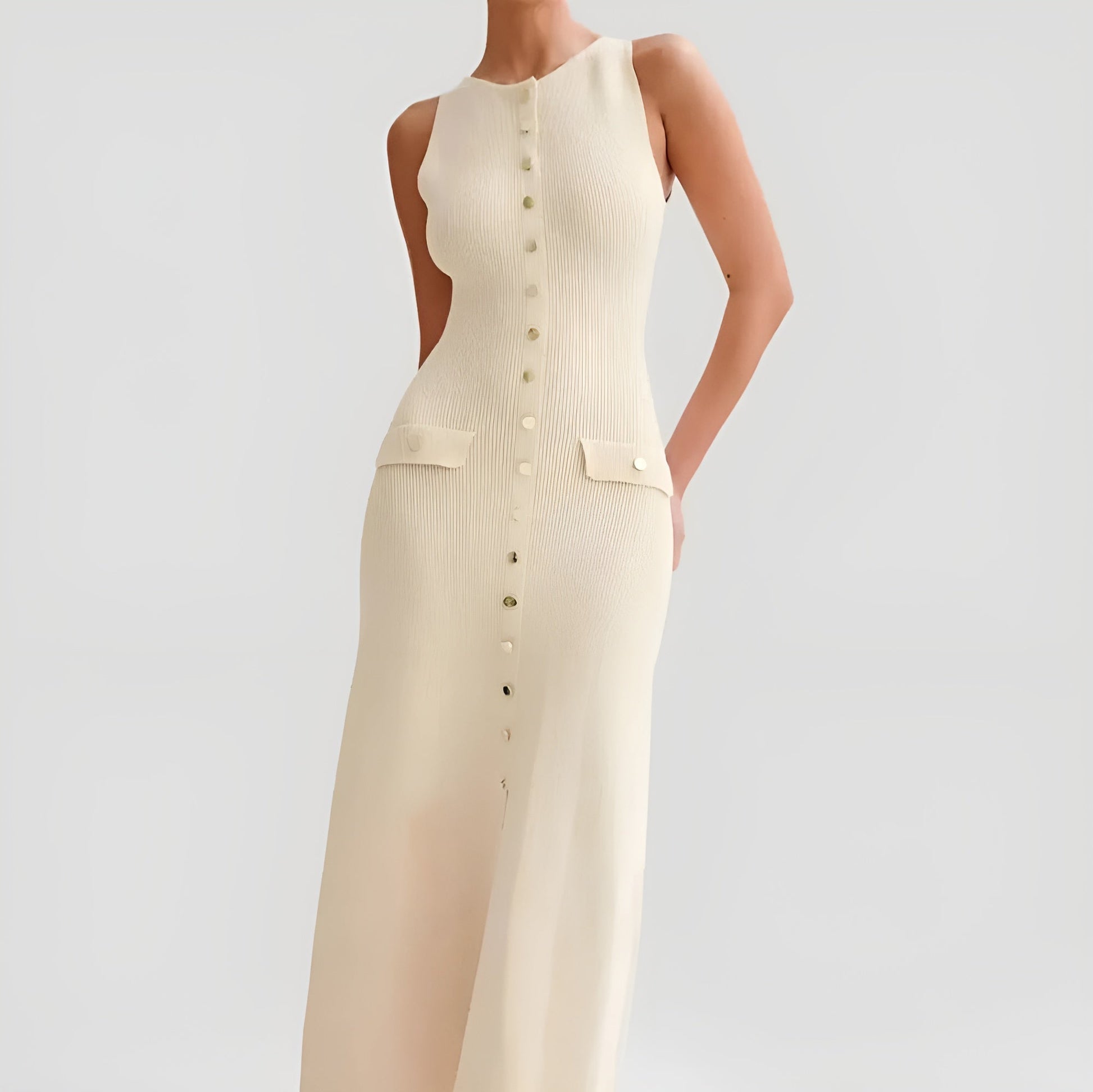 Valentina A-line knitted dress in neutral tone, full-length flare silhouette with waist-flattering cut