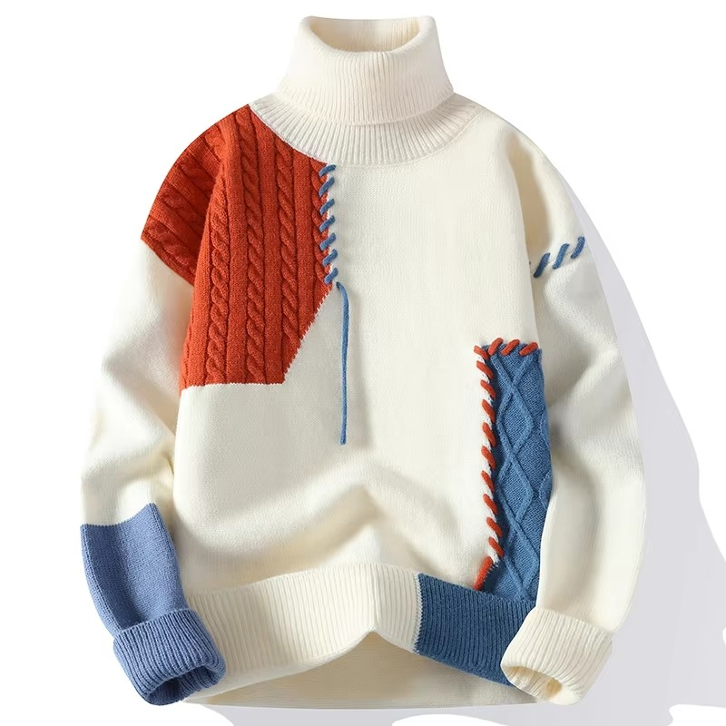 Men's patchwork knit turtleneck pullover sweater casual warm multicolor textured panels fall winter
