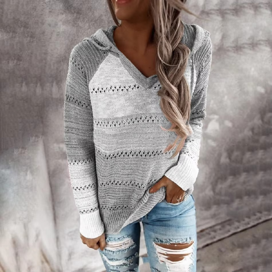 Women's multicolor patchwork hooded sweater relaxed fit cozy acrylic knit blend breathable warmth