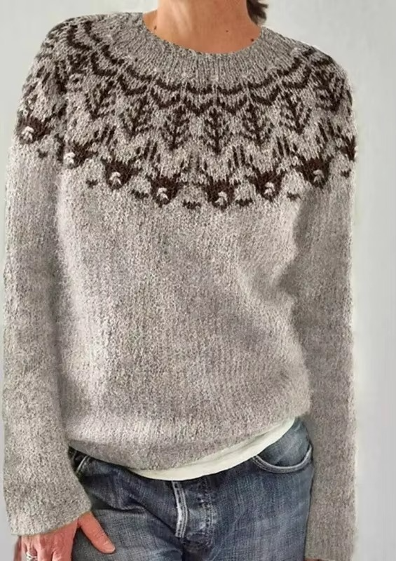 Color block loose fit women's knit top, round neck, full sleeves, multicolor relaxed silhouette