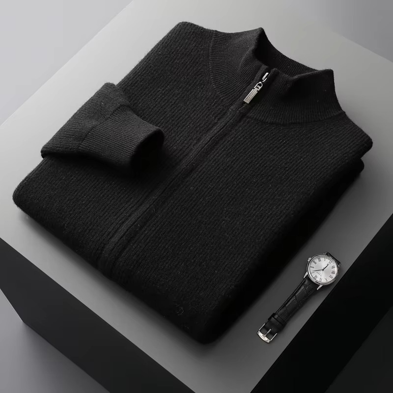 Men's 100% wool zip-up cardigan stand collar thick knit sweater jacket winter layer